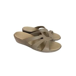 Crocs Sanrah Strappy Wedge Slide Sandals Womens Size 9 Taupe Comfort Casual